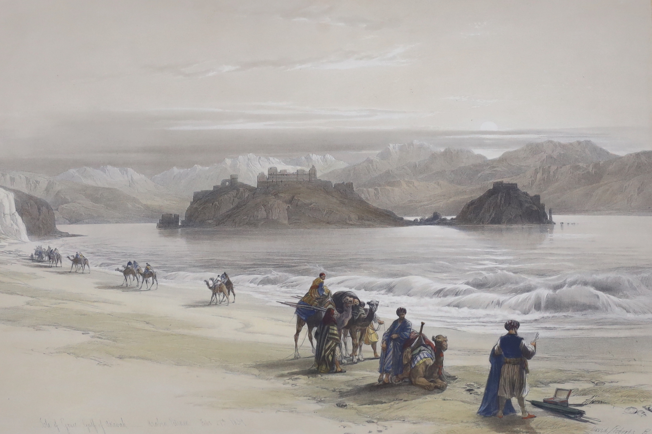 David Roberts (Scottish, 1796-1864), colour lithograph, 'Isle of Graie, Gulf of Akabah, Arabia', 34 x 50cm